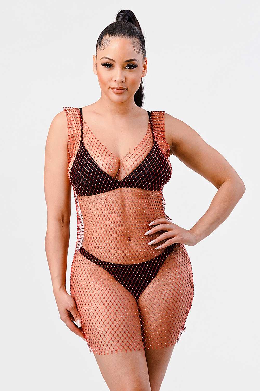 Crystal Beads and Fishnet Seamless Stretch Short Dress
