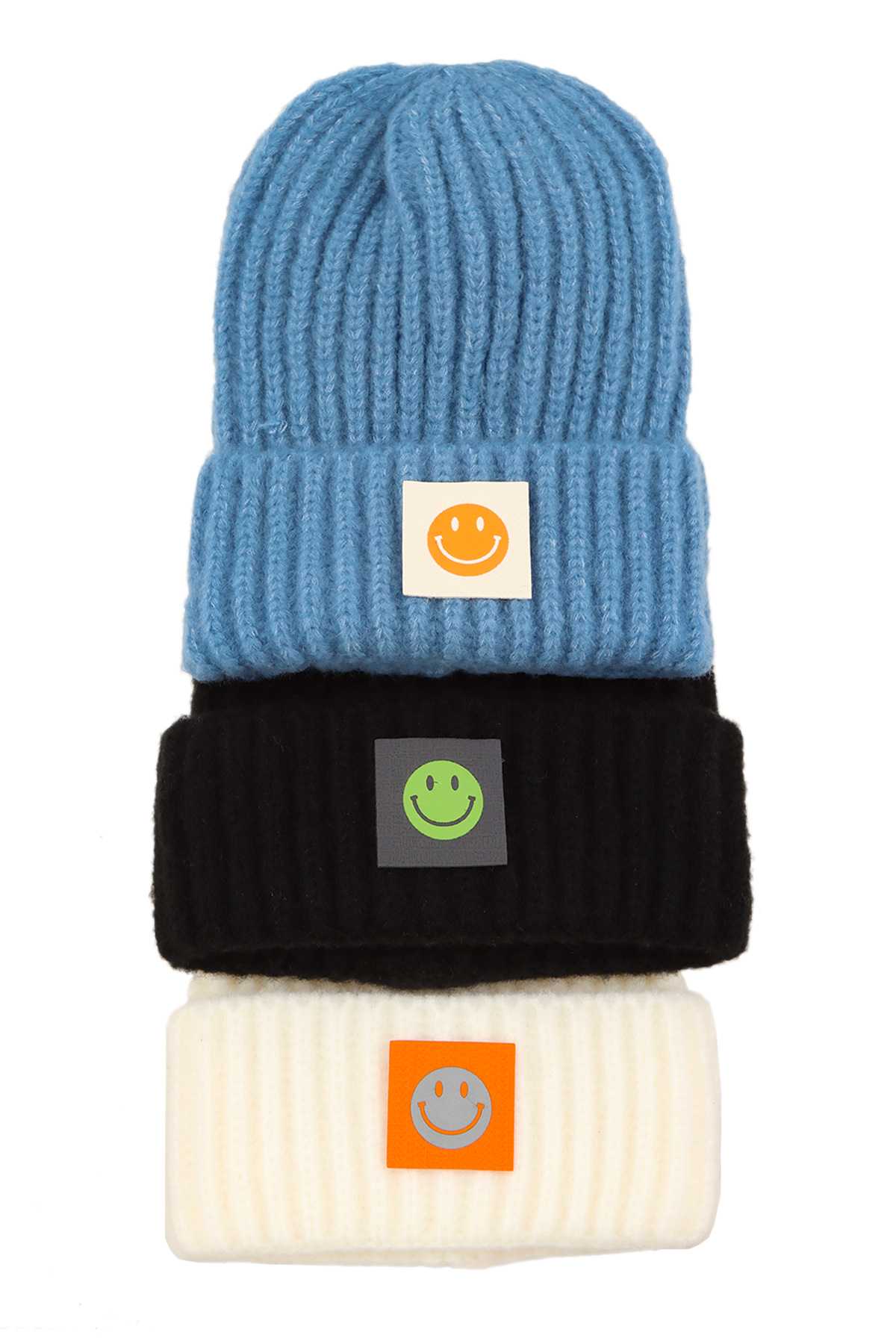 Solid Rib Beanie with Smile Accent