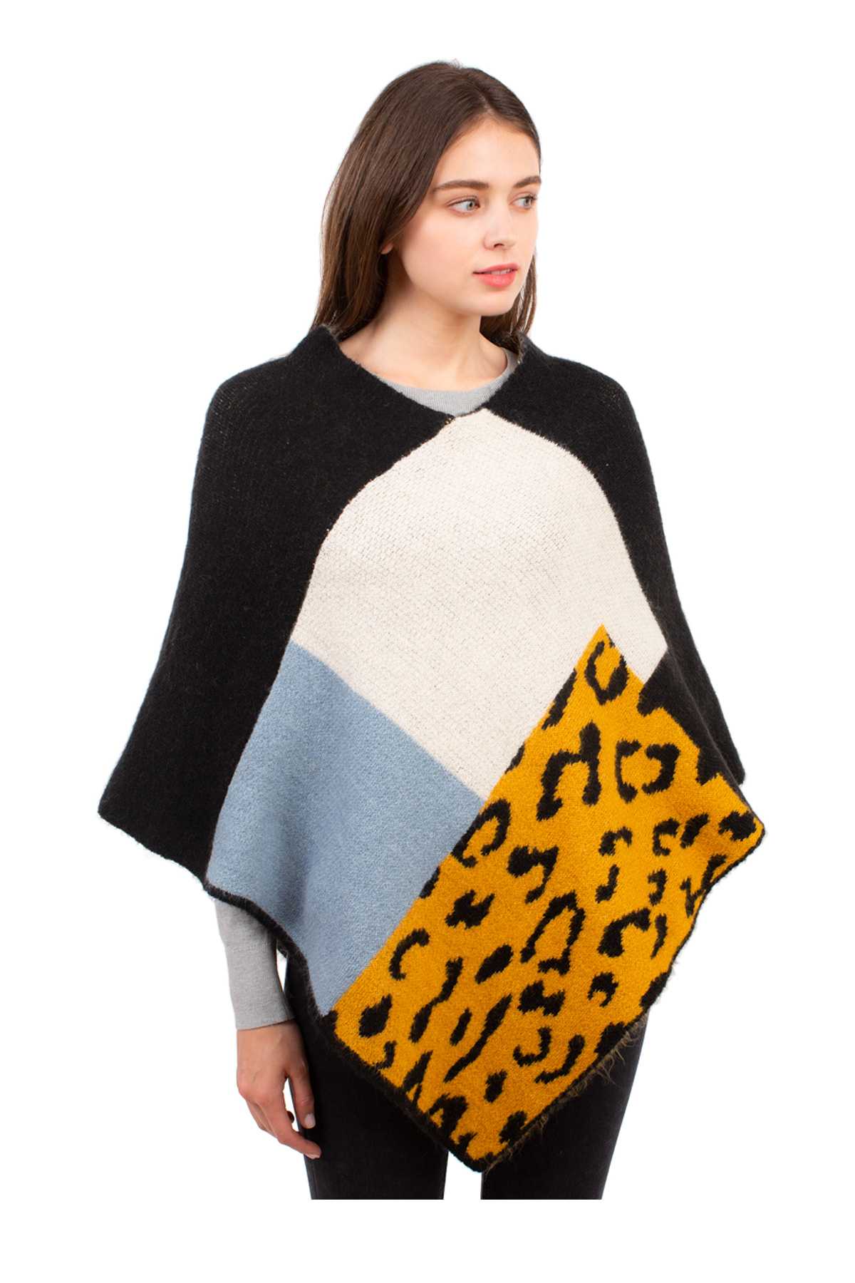 Plaid Design Poncho with Leopard Accent