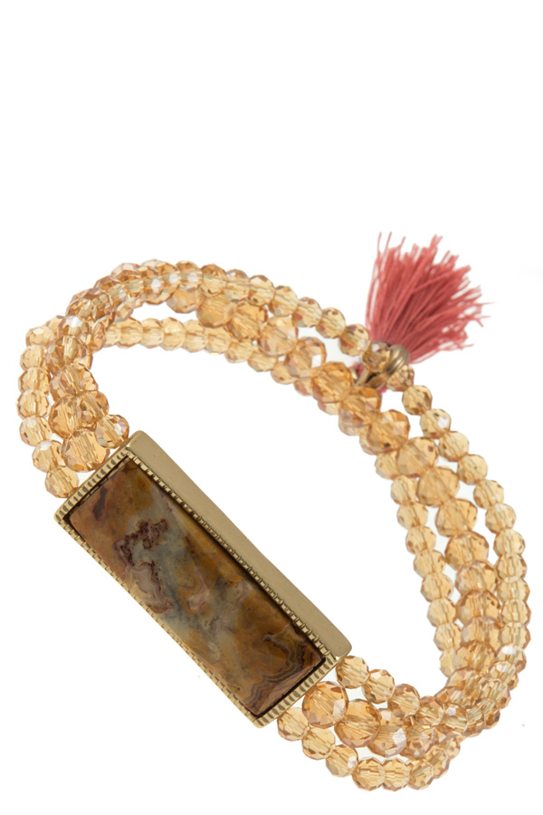 Rectangle stone charm w/ detachable tassel layered beads bracele
